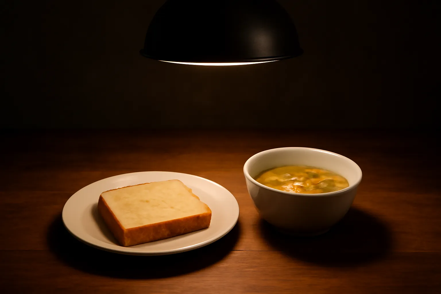 Một đĩa bánh mì và bát canh nhỏ dưới đèn bếp buổi tối