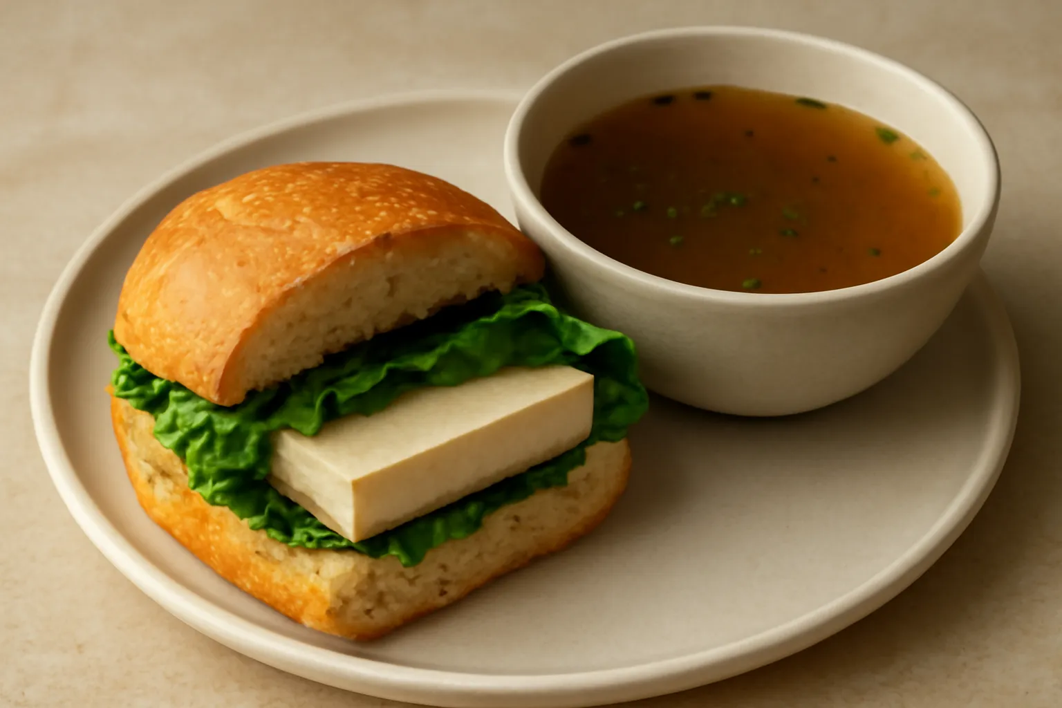Đĩa bánh mì cắt đôi với rau và bát canh nhỏ buổi tối