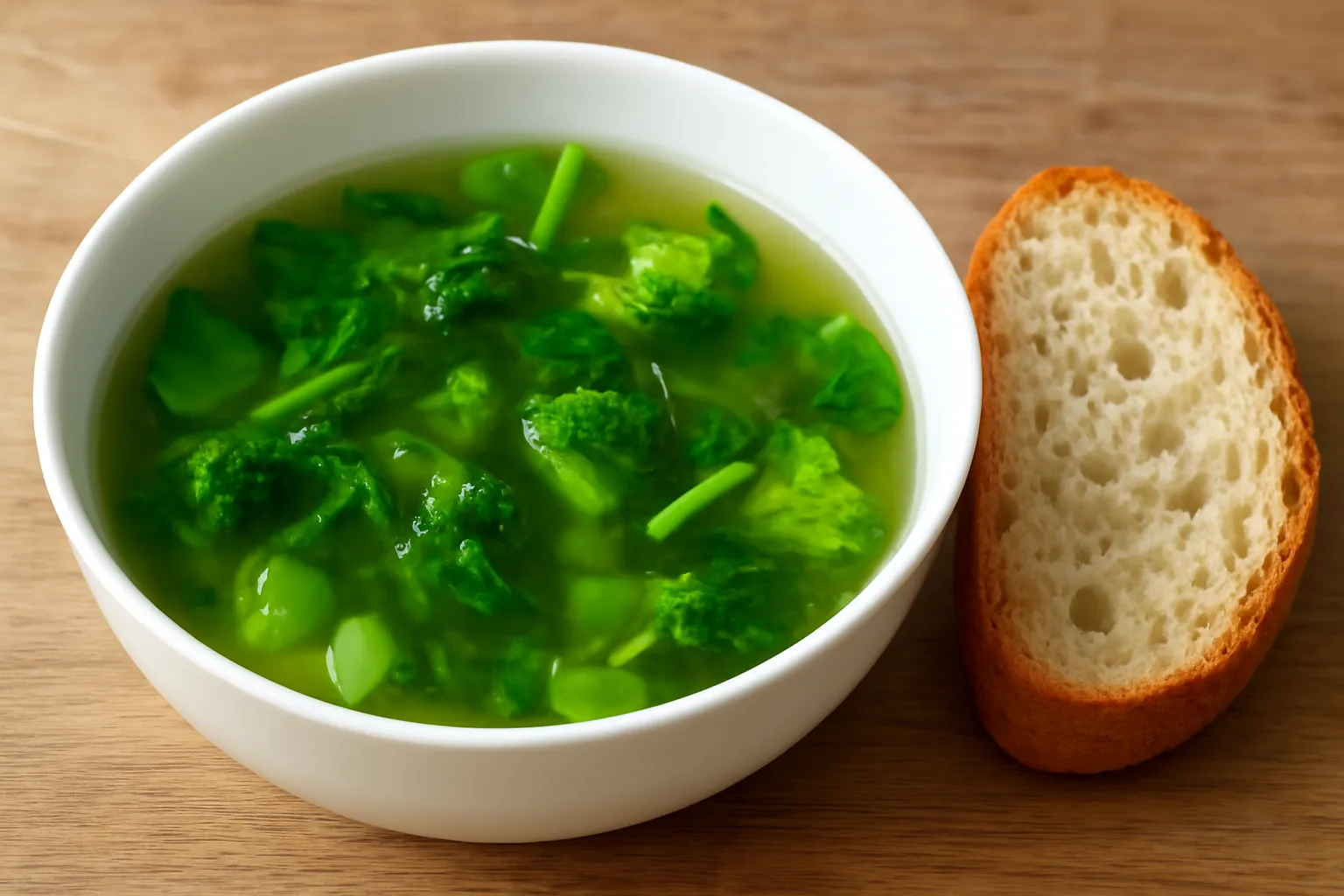 Bát canh trong với rau xanh đặt cạnh lát bánh mì