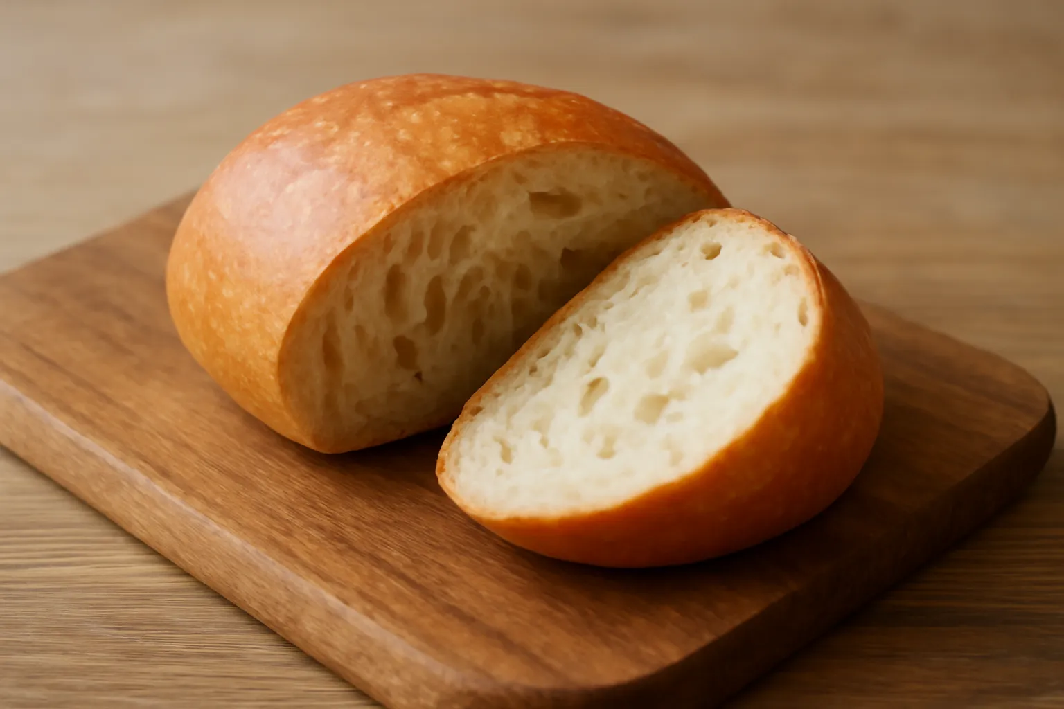 Ổ bánh mì cắt chéo bày trên thớt gỗ
