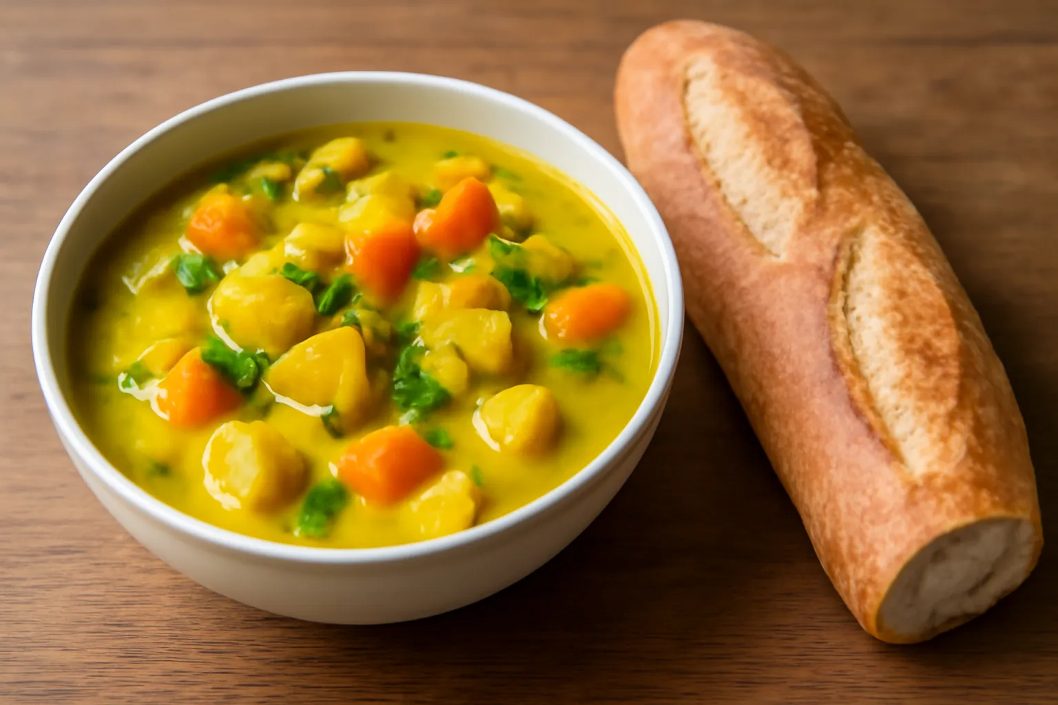 Bát cà ri chay màu vàng đặt cạnh ổ bánh mì