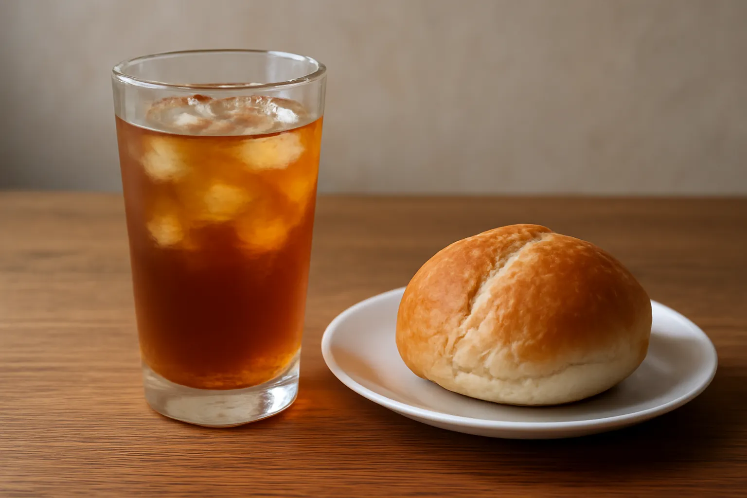 Ly nước mát và đĩa bánh mì đặt cạnh nhau trên bàn