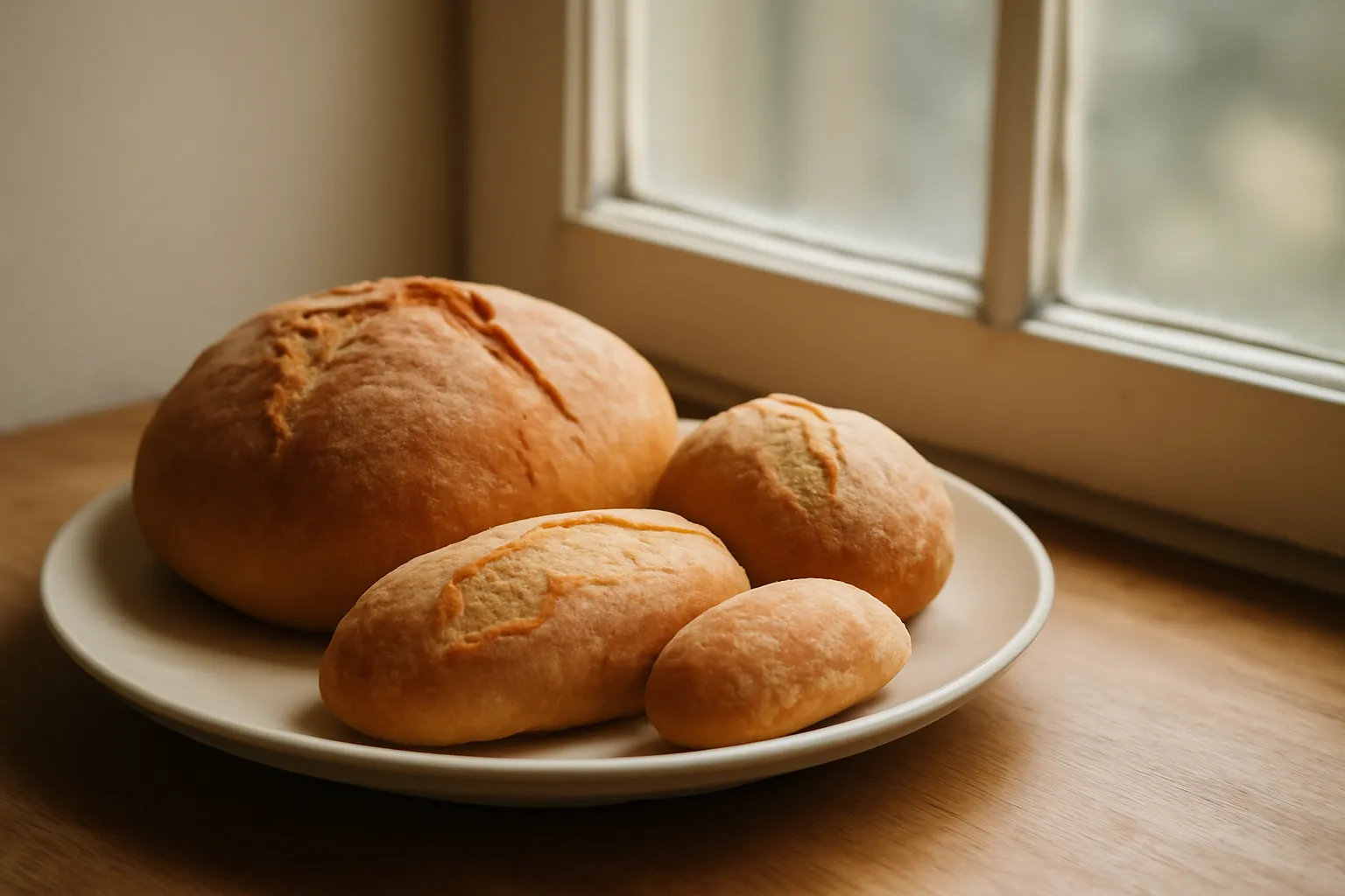 Đĩa bánh mì đặt gần cửa sổ có nắng nhẹ