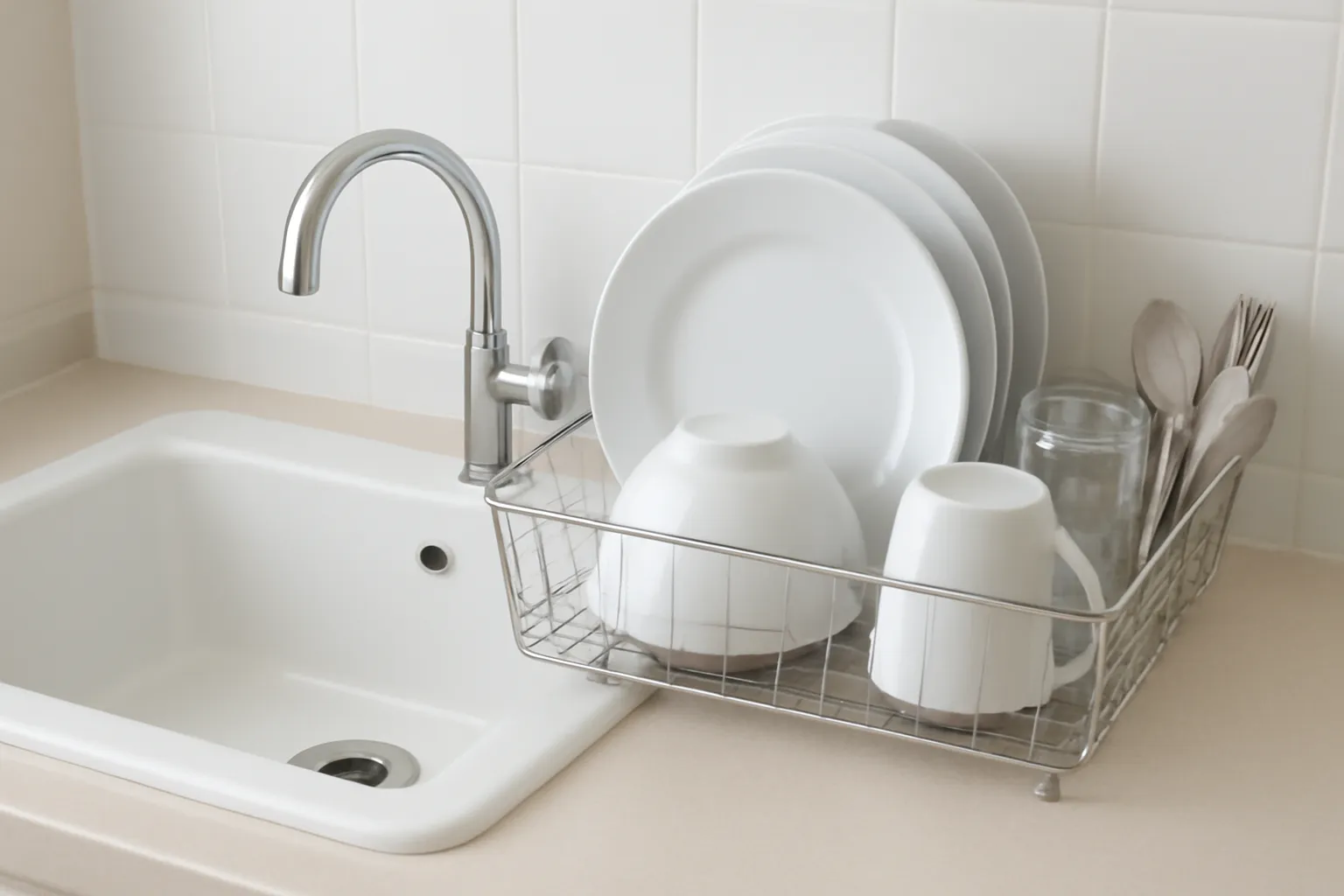 Bồn rửa sạch với bát đĩa đã xếp gọn trên giá