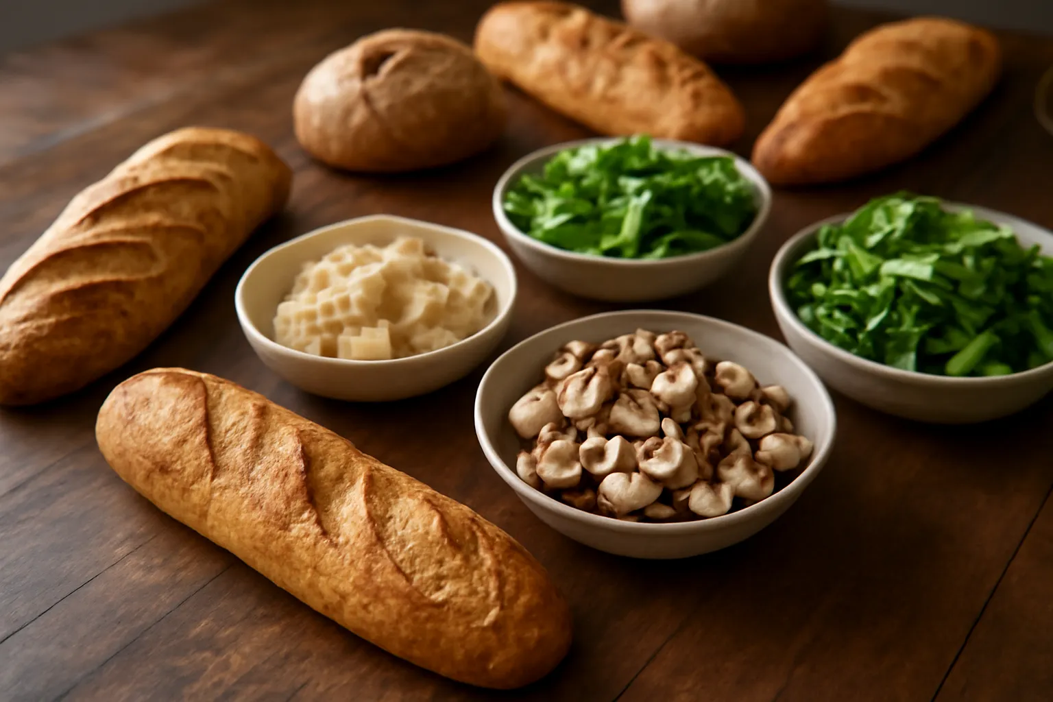 Bàn dài bày bánh mì và nhiều chén nhân cho nhóm đông