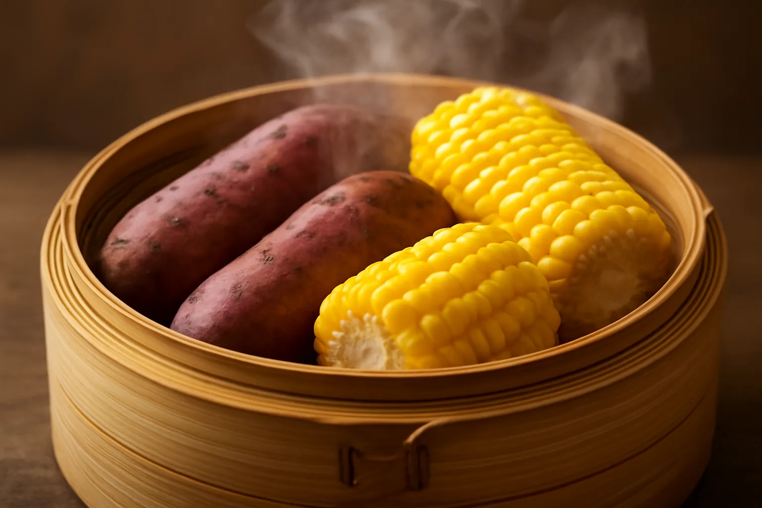 Rổ hấp tre đựng khoai và ngô còn bốc hơi