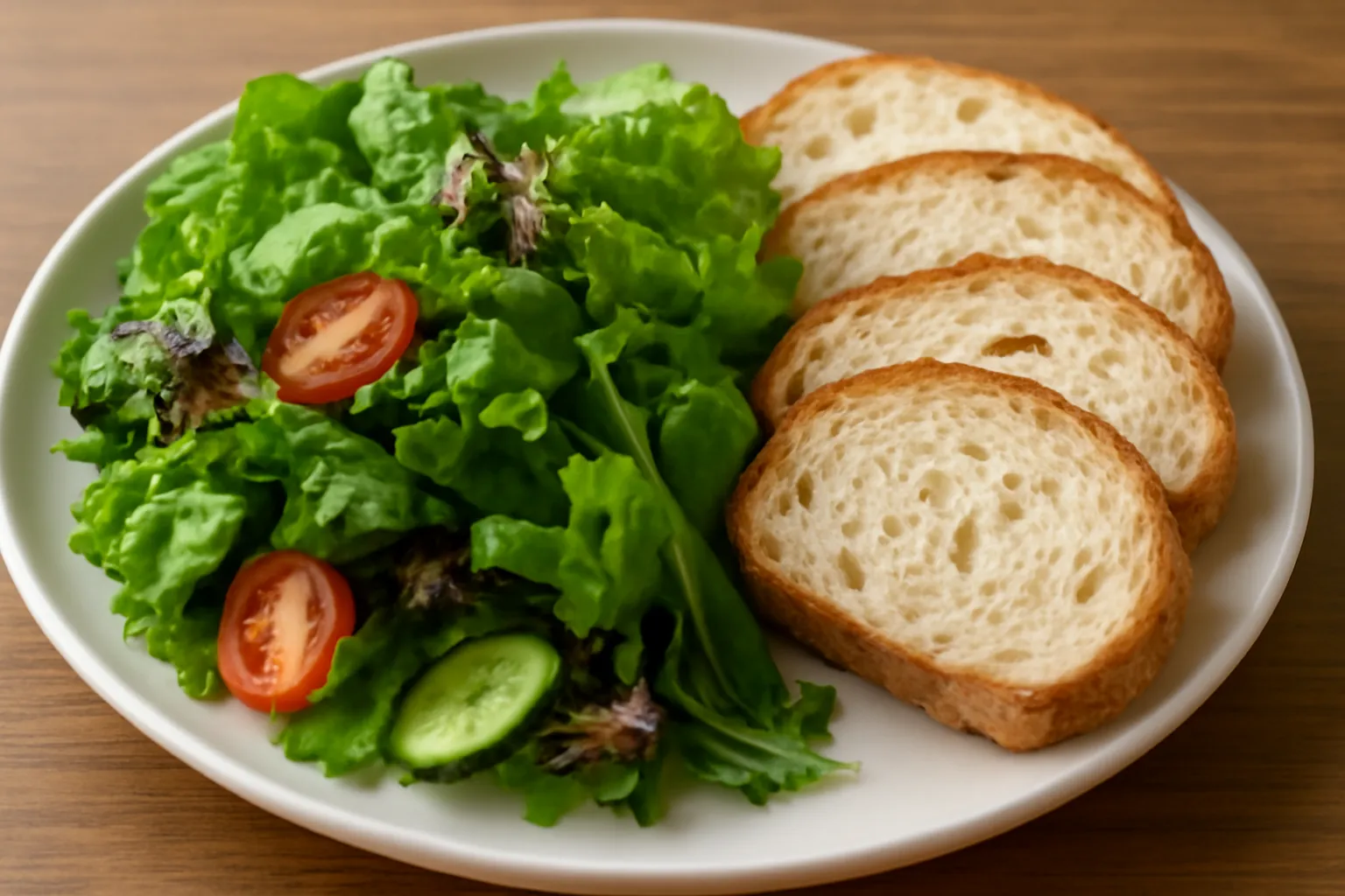 Đĩa salad rau xanh trộn sẵn đặt cạnh lát bánh mì
